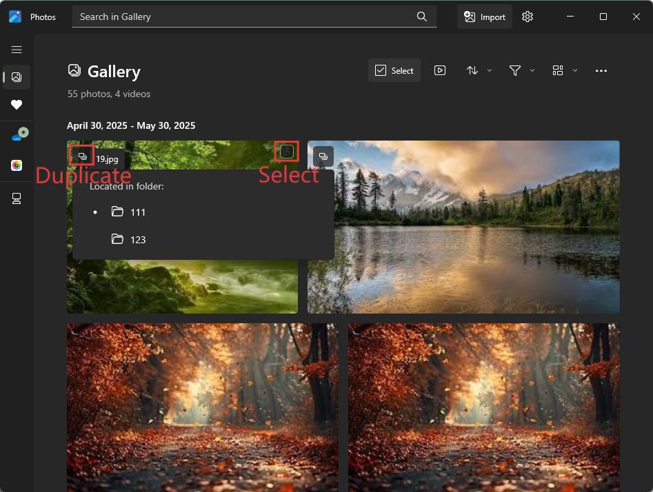 select duplicate photos in Microsoft Photos