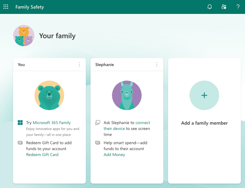 the Your family page showing an Add a family member option