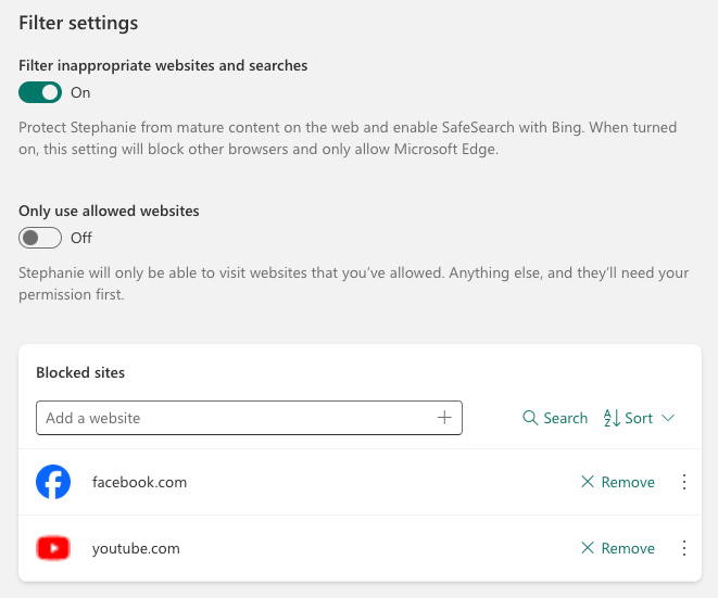 a screen showing that the Filter inappropriate website and searches option is turned on and two websites are added to the Blocked sites list