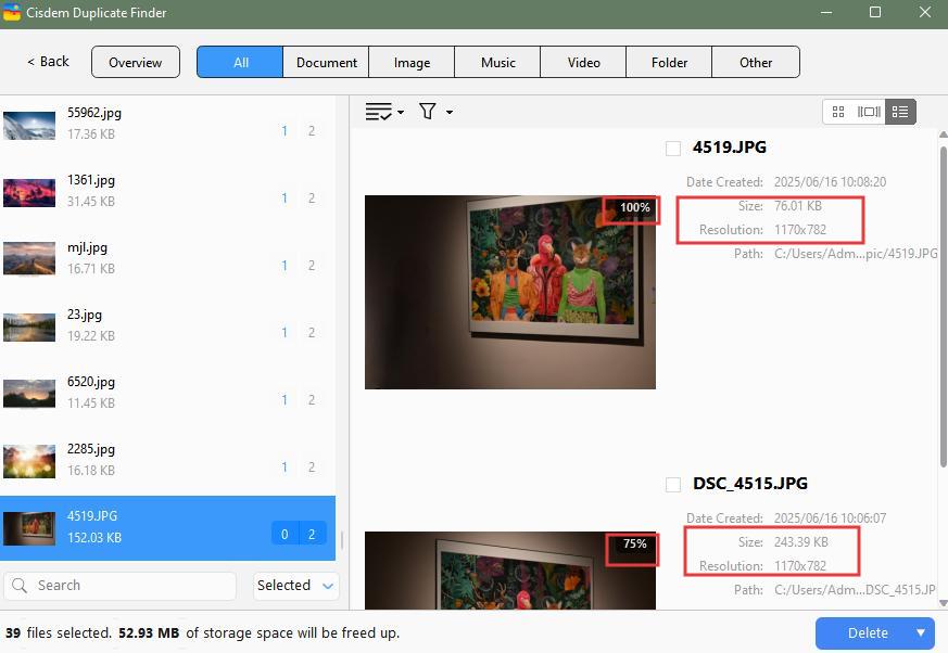 check the selected duplicates