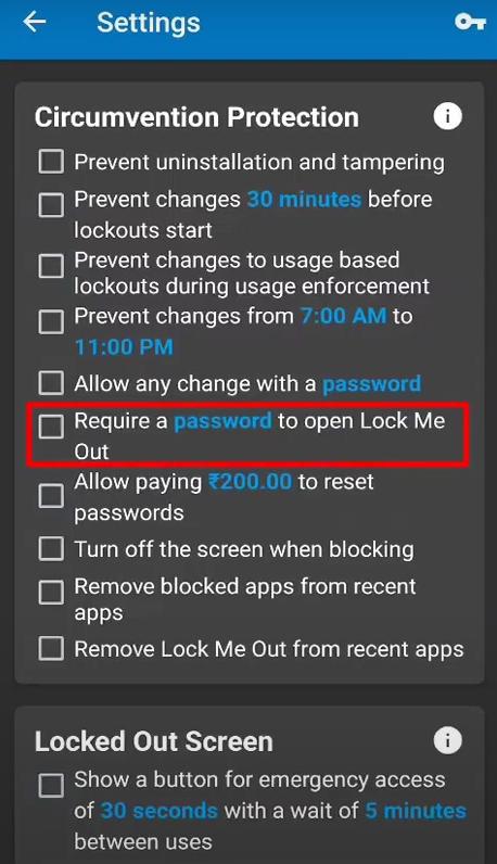 select Require a password to open Lock Me Out