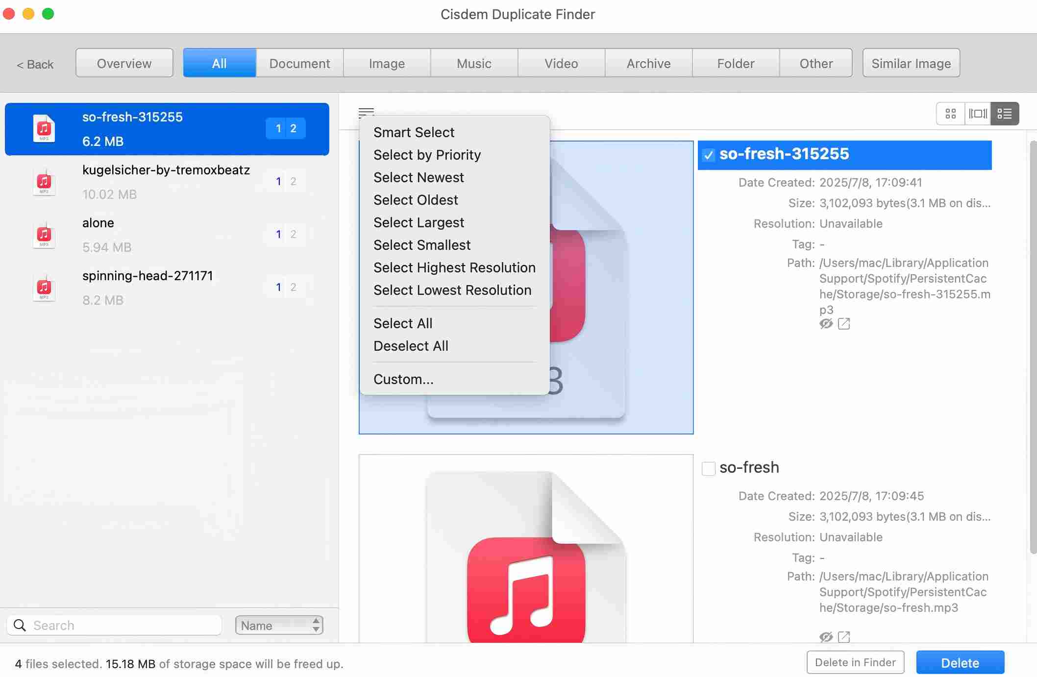 select duplicate songs to remove uisng selection rules