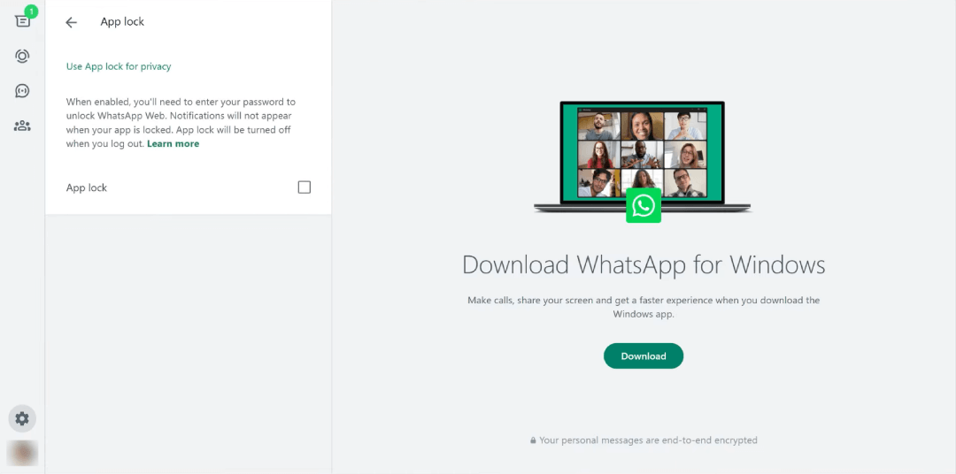 WhatsApp Web interface showing a checkbox named App lock