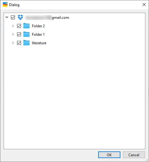 a Dialog box showing a Dropbox icon, an email account, three folders, an OK button, and an Cancel button