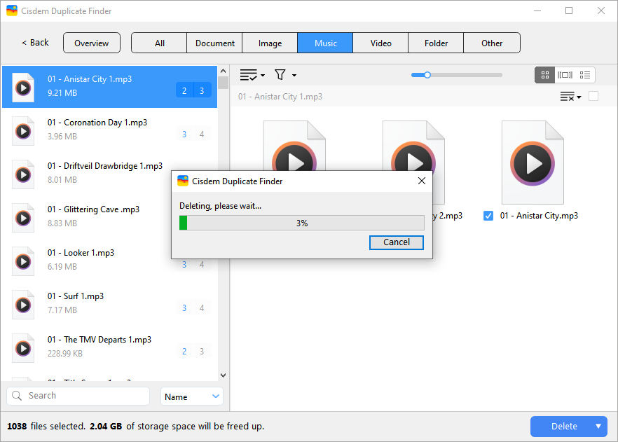 a dialog showing a deletion process