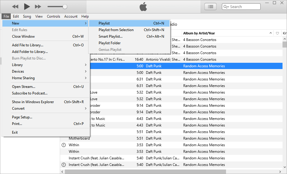 choosing New in the File menu showing an option named Playlist